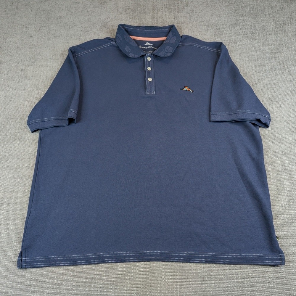 Tommy Bahama Polo Shirt Mens XXL Blue Supima Cotton Blend Tropical Leaf Collar - Picture 2 of 7